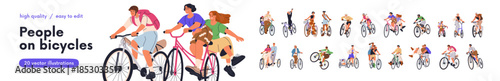 Happy people cycling on bicycles set. Active family, friends, couple riding bikes in nature, road, mountains. Cyclists travel on summer holiday. Flat vector illustrations isolated on white background.