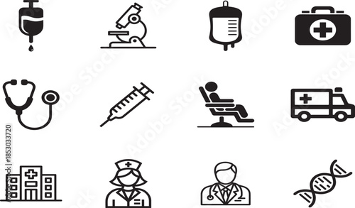 Simple black and white medical and healthcare icons collection