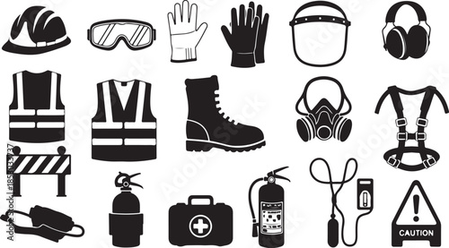 Safety gear and equipment icons for industrial workplaces
