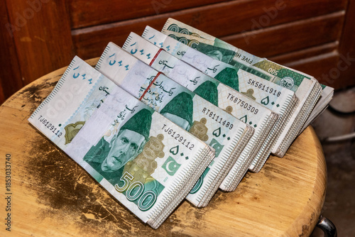 Photography Stacks of 500 Pakistani rupees bills