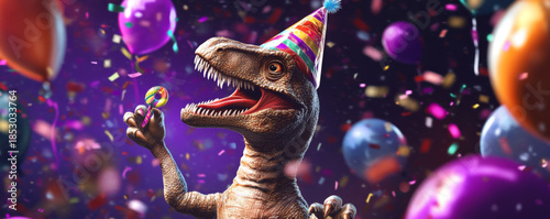 Blue Dinosaur Celebrating with Party Hat and Balloons