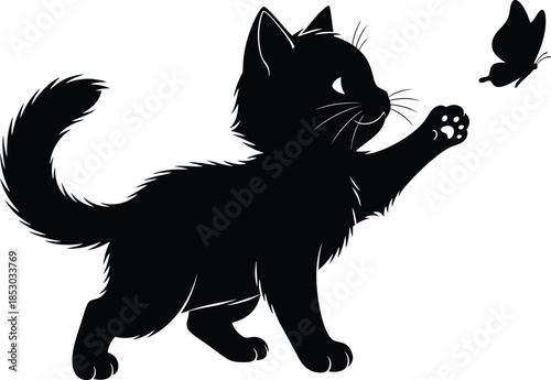 A black cat playfully reaches out a paw to catch a bird in mid-air, depicted in a simple silhouette against a clean white background.