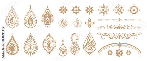 Thai Decorative Graphic Elements Collection with Golden Lotus, Flame Motifs, Kanok Patterns, and Floral Vector Ornaments for Traditional Design and Cultural Branding