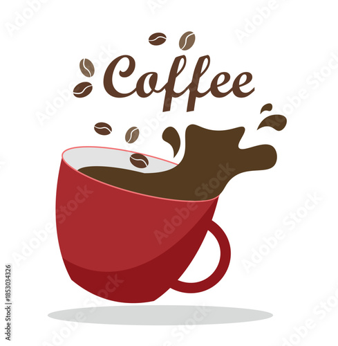 Red cup with coffee on a white background. Splashes, cup and coffee beans