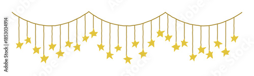 Star lights, starry icicle garland. Horizontal electric string, festive decoration, seasonal Xmas ornament. Christmas and New Year decor. Flat vector illustration isolated on white background.