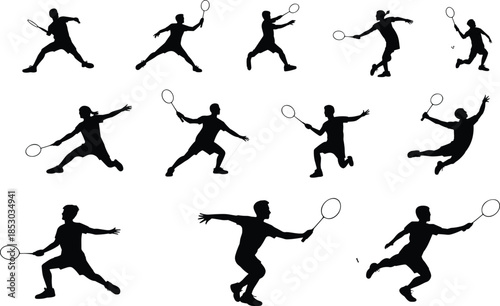 Energetic silhouettes of multiple athletes playing badminton in diverse action poses with rackets, shuttlecocks, lunges, jumps, and dynamic sports movement