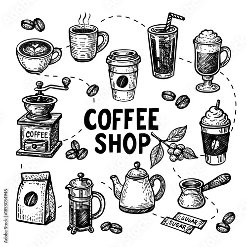 Vector illustration. Black hand-drawn ink coffee shop elements, French press, coffee machine, cappuccino, frappuccino, coffee beans. isolated on white background.