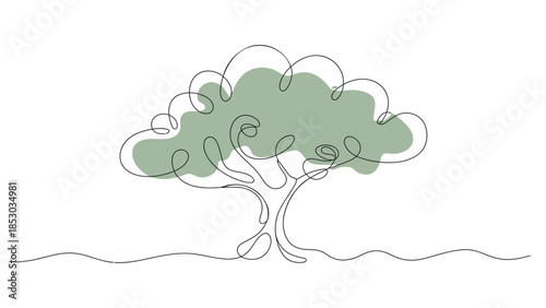 Minimal continuous line art tree illustration with green foliage representing nature, growth and eco friendly concept on white background
