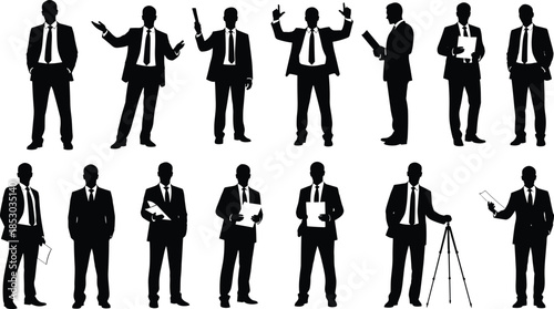 Businessman silhouettes, professional poses, black vector, clipart, line art, stock illustration, corporate gesture, office icon, formal attire, action stance