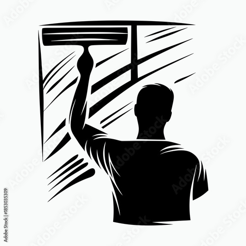 Man washes windows, silhouette on a light background for home improvement decor