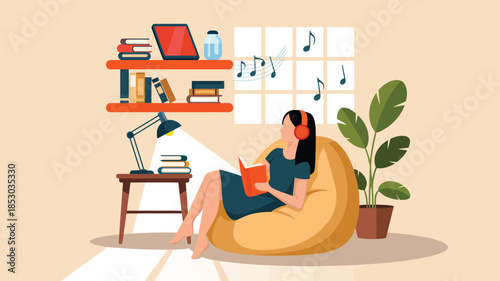 Woman reading book at home in cozy living room with bookshelf, plants and bean bag chair flat illustration concept