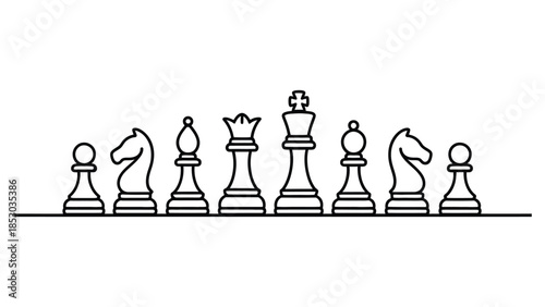 Minimalist chess pieces line art illustration showing complete set of pawns and figures in simple outline style on white background