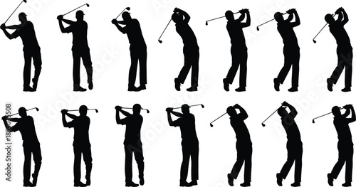Golf swing silhouettes, motion sequence, black vector, clipart, line art, stock illustration, sports training, athletic pose, biomechanics icon, golf stance