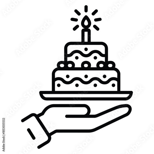 Birthday cake on hand icon illustration celebration party concept with candle flat line design symbol for greeting card poster and event graphic
