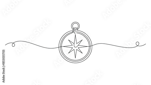 Minimal line art compass illustration with abstract navigation symbol continuous one line drawing travel direction concept on white background