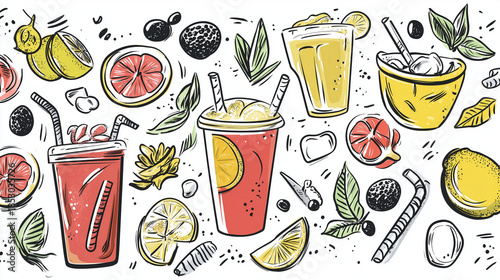 Colorful summer drinks doodle set featuring tropical lemonade and refreshing beverages perfect for sunny days