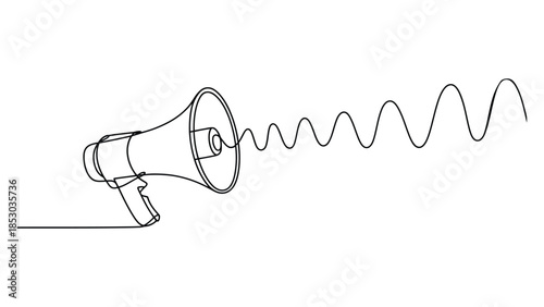 Minimal line art megaphone with sound wave illustration continuous one line drawing communication announcement concept on white background