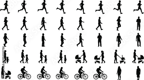 Human activity silhouettes, walking running biking, daily motion, black vector, clipart, line art, stock illustration, lifestyle icon set