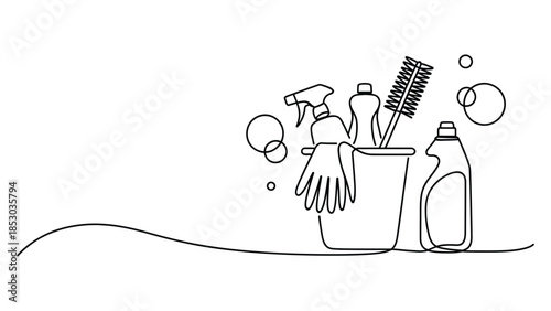 Minimal line art cleaning supplies illustration with bucket gloves brushes and bottles continuous one line drawing house cleaning concept on white background