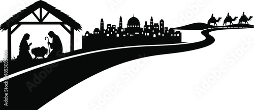 Nativity silhouette, Magi journey, Bethlehem cityscape, Christmas vector, clipart, line art, stock illustration, spiritual theme, religious icon, holiday scene