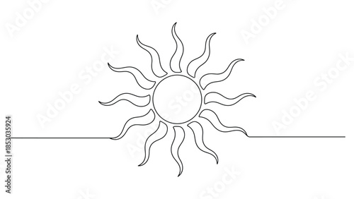 Minimal line art sun illustration with abstract rays continuous one line drawing modern symbol of summer energy and nature on white background