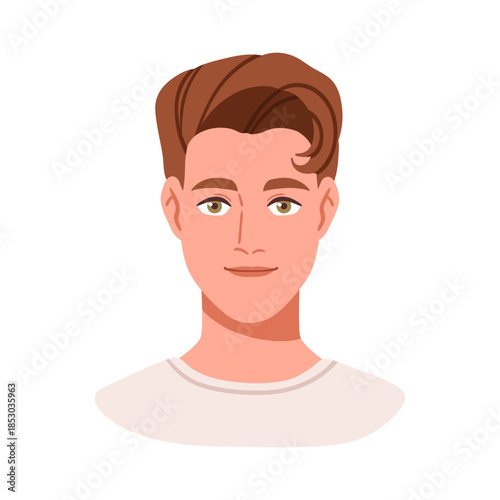 Man avatar, portrait. Handsome young male character face, head with neat haircut, hair style. Modern groomed person with hairstyle, user profile. Flat vector illustration isolated on white background.