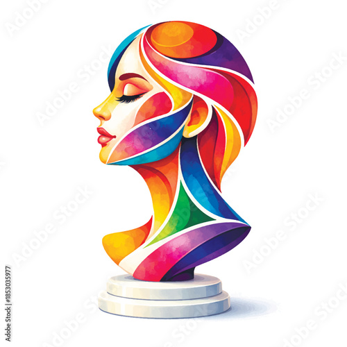 Vibrant watercolor vector of a womans profile bust on a pedestal. The colorful abstract design represents creativity, mental health awareness, and psychological diversity.