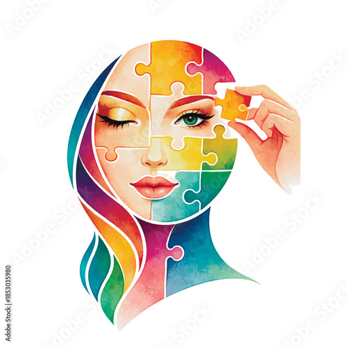 Watercolor vector illustration of a womans face as a colorful jigsaw puzzle. A hand adds the final piece, representing mental health, self discovery, identity, and psychological wellness.