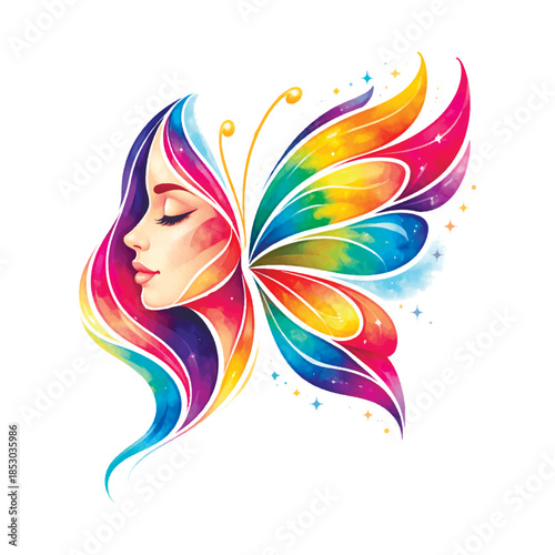 Beautiful watercolor vector of a womans profile merging with a vibrant butterfly wing. Symbolizes transformation, freedom, mental health, and spiritual growth on a white background.