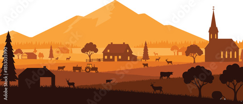 Autumn rural countryside landscape illustration, farm village with mountains, church, animals, trees, fields, sunset scenery vector background