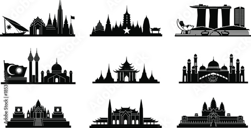 Southeast Asia landmarks, country silhouettes, cultural architecture, black vector, clipart, line art, stock illustration, travel icon, heritage design