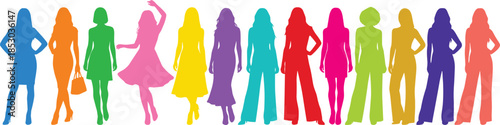 Colorful female fashion silhouettes illustration, diverse women poses, modern style concept, vibrant rainbow colors, minimal flat design artwork