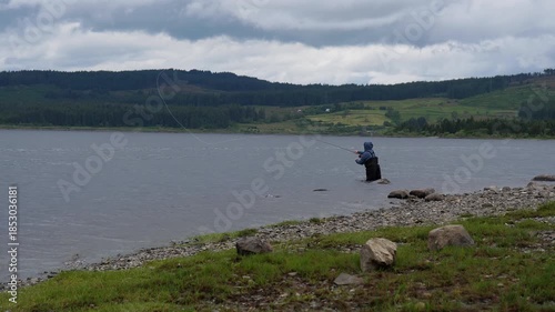 Fly fishing in the lake or loch in Scotland. Unrecognizable man with hood standing in the water casting line.