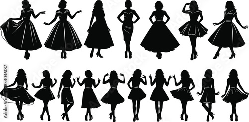 Vintage dress silhouettes, elegant poses, retro fashion, black vector, clipart, line art, stock illustration, feminine icon, style graphic