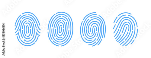 Fingerprint icons, signs set. Abstract biometric ID scans, finger print patterns, unique personal individual lines for identification, security. Vector illustration isolated on white background.
