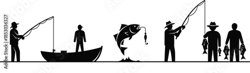 Fishing silhouettes illustration, anglers boat catch fish sequence, sport fishing concept, black white vector icons, outdoor hobby activity design collection