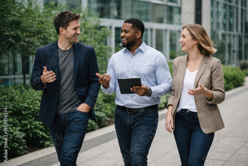 Diverse business professionals walking and discussing ideas outdoors