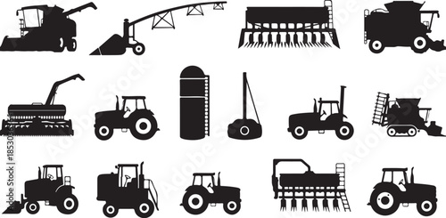 Black silhouettes of various farming equipment and tractors