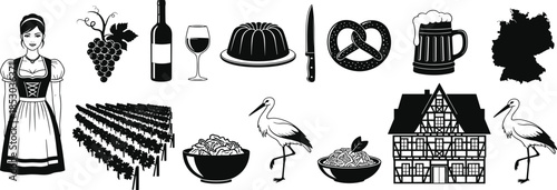 German culture icons illustration, traditional food wine beer architecture symbols, Oktoberfest concept, black white vector collection, European heritage design