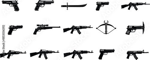Weapon silhouettes, firearms, crossbow, sword, black vector, clipart, line art, stock illustration, tactical icon, combat graphic, military tools