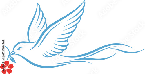 Peace dove illustration, flying bird with flower, freedom love hope symbol, minimalist blue line art, spiritual harmony design, vector concept