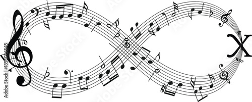 Musical infinity symbol with flowing music notes, treble clef staff illustration representing harmony, creativity, rhythm, art, sound, melody