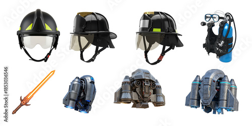 firefighter helmets and scifi armor pieces with sword