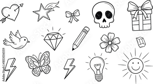 Underground Gothic Tattoo Art and Y2k Fashion elements set in 2000s style. Y2k temporary Gothic tattoo designs - vector collection. Gothic Cross, butterfly, love, etc. 