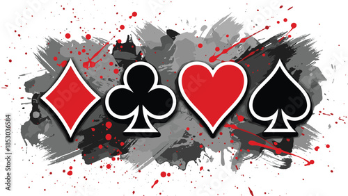 Playing card suits splash illustration, hearts spades clubs diamonds symbols, casino poker theme, grunge paint background, bold vector design art