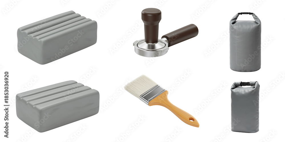 Obraz premium Gray objects including bags brushes and tools on white