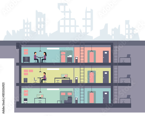 Vector flat illustration of people living and working in a multi-level underground bunker shelter during a post-apocalyptic war with ruined city silhouettes on the background
