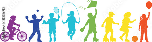 Colorful children silhouettes playing outdoors, biking, jumping rope, flying kite, roller skating, tennis, balloon fun, active kids, summer joy