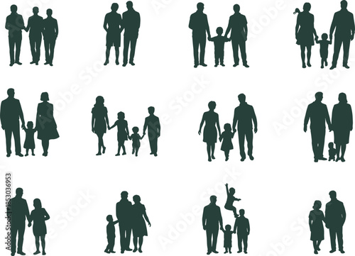 Silhouettes of diverse family groups in various poses showing unity, parenting, and relationships for design and illustration use