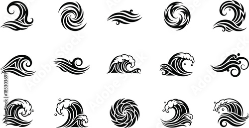 Dynamic water splashes and ripples create abstract liquid movement with a stylized graphic design, perfect for illustrating fluid motion and energy.